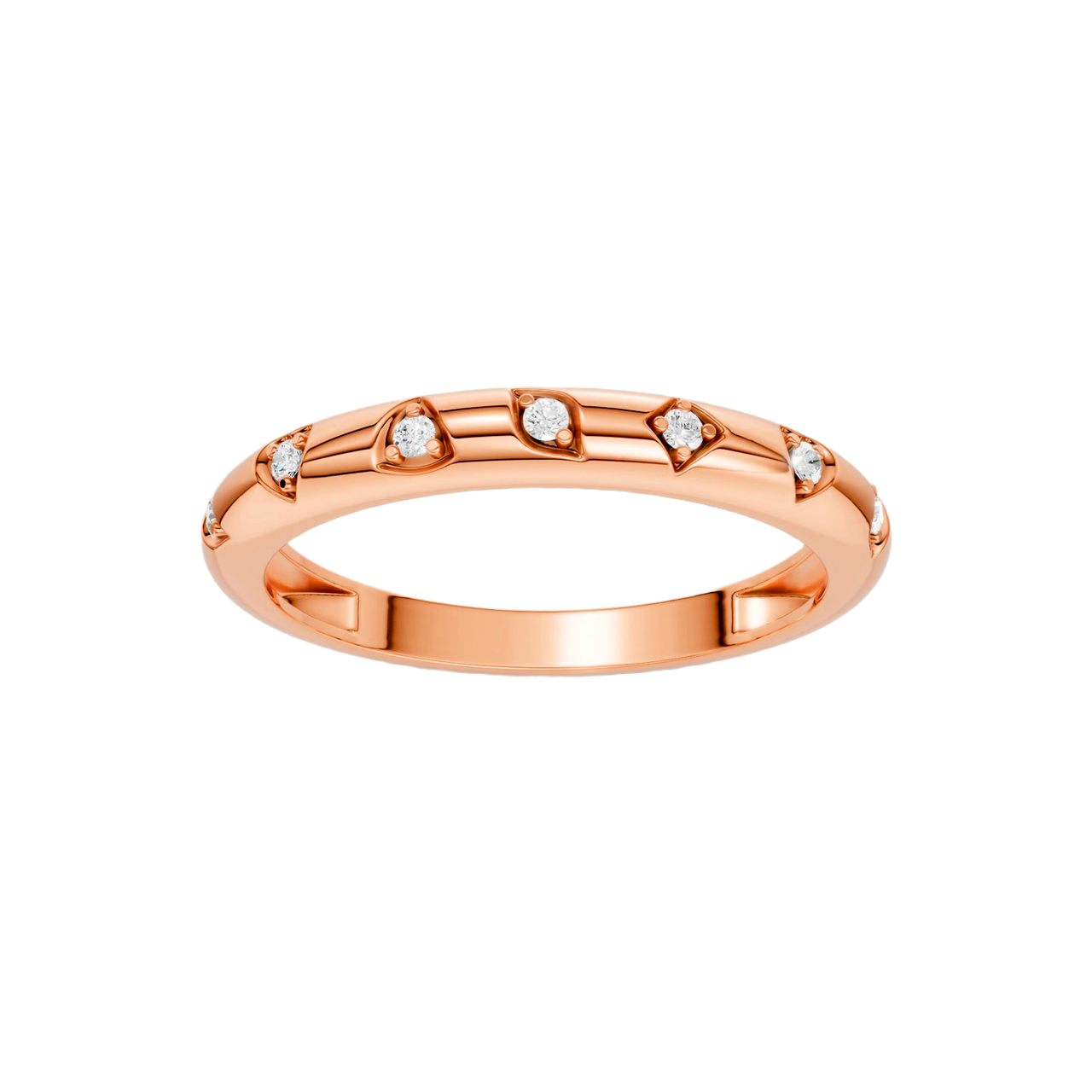 Front facing view of the Fourteenth Collection micro studded diamond stackable thin ring in rose gold, featuring evenly spaced bezel-set round diamonds across a refined, ultra-slim stackable silhouette.