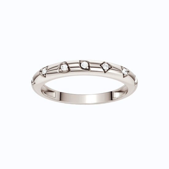 A 14K white gold band ring featuring a delicate geometric line design accented by five small round-cut lab grown diamonds, shown on a plain white background.