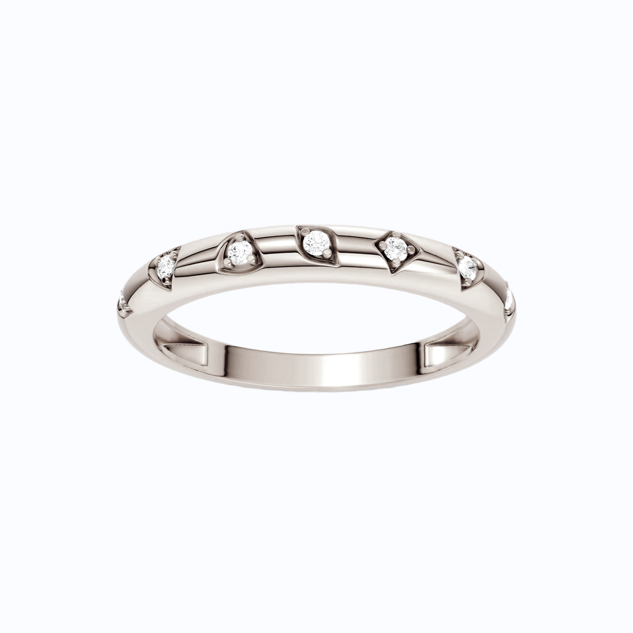 A 14K white gold band ring featuring a delicate geometric line design accented by five small round-cut lab grown diamonds, shown on a plain white background.