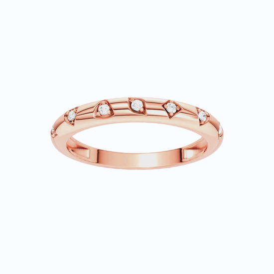 A 14K rose gold band ring featuring a delicate geometric line design accented by five small round-cut lab grown diamonds, shown on a plain white background.