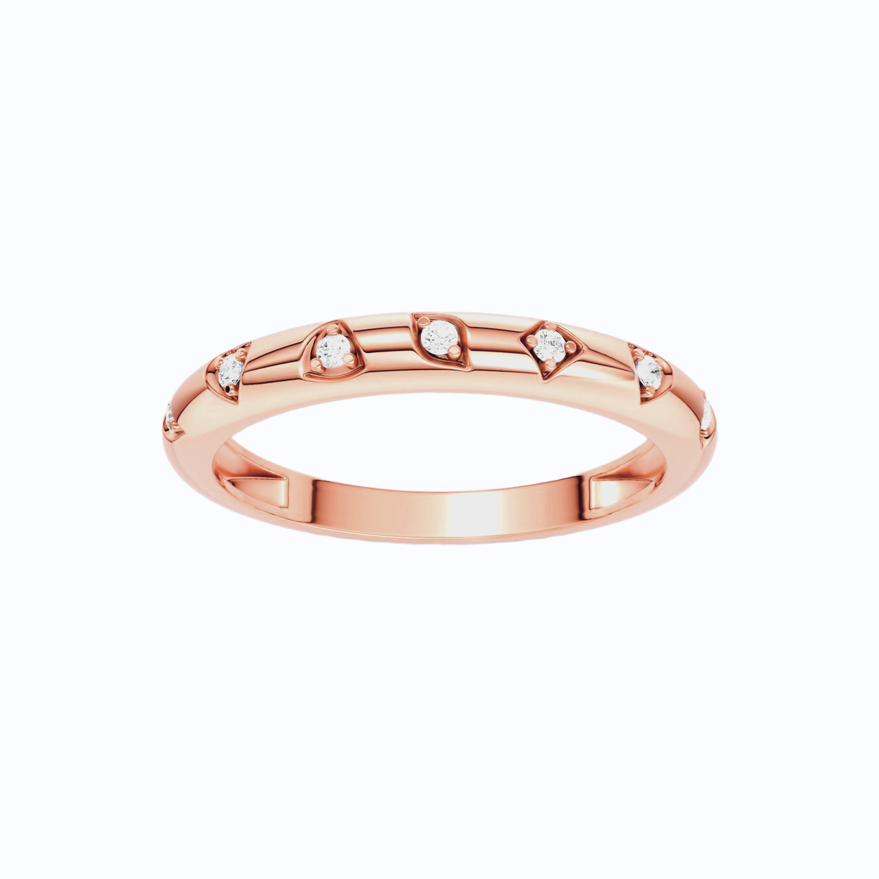 A 14K rose gold band ring featuring a delicate geometric line design accented by five small round-cut lab grown diamonds, shown on a plain white background.