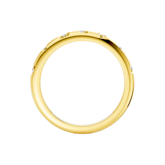 A high-polish, thin 14k yellow gold stackable ring by Amorati featuring tiny star-shaped insets with shimmering round lab-grown diamonds. Amorati’s signature F O U R T E E N T H Collection.