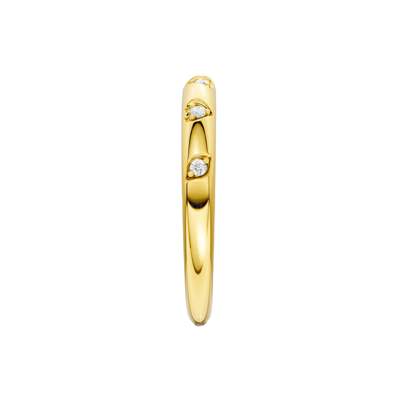 A high-polish, thin 14k yellow gold stackable ring by Amorati featuring tiny star-shaped insets with shimmering round lab-grown diamonds. Amorati’s signature F O U R T E E N T H Collection.