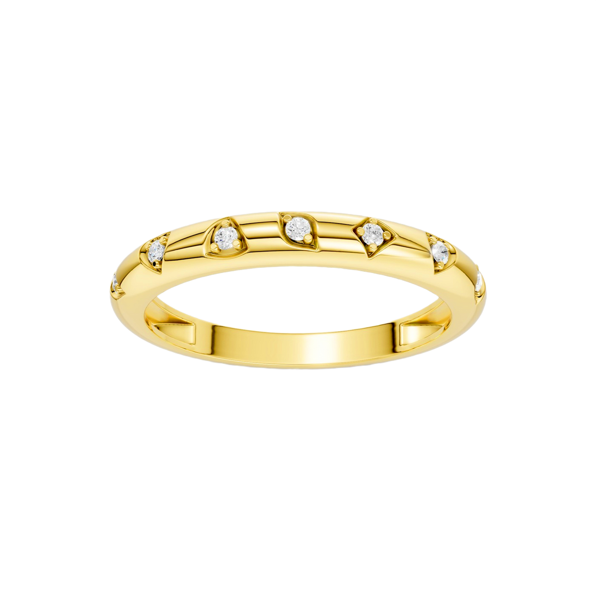 A high-polish, thin 14k yellow gold stackable ring by Amorati featuring tiny star-shaped insets with shimmering round lab-grown diamonds. Amorati’s signature F O U R T E E N T H Collection.