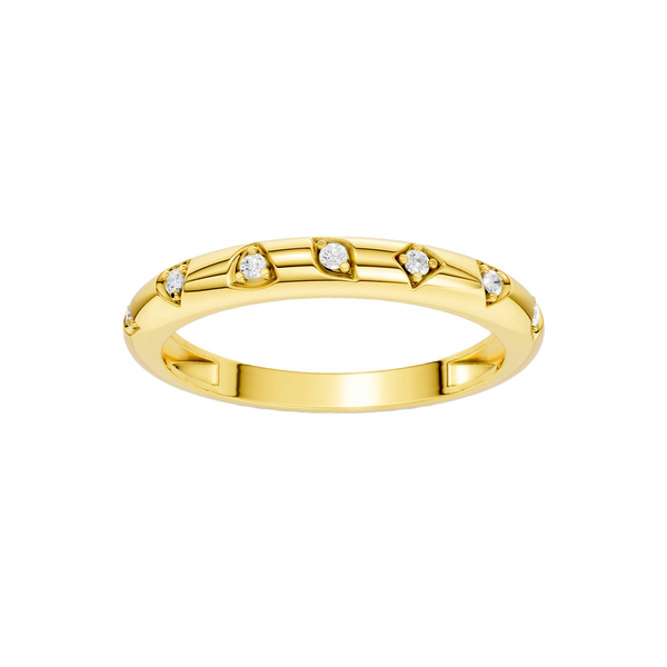 A high-polish, thin 14k yellow gold stackable ring by Amorati featuring tiny star-shaped insets with shimmering round lab-grown diamonds. Amorati’s signature F O U R T E E N T H Collection.