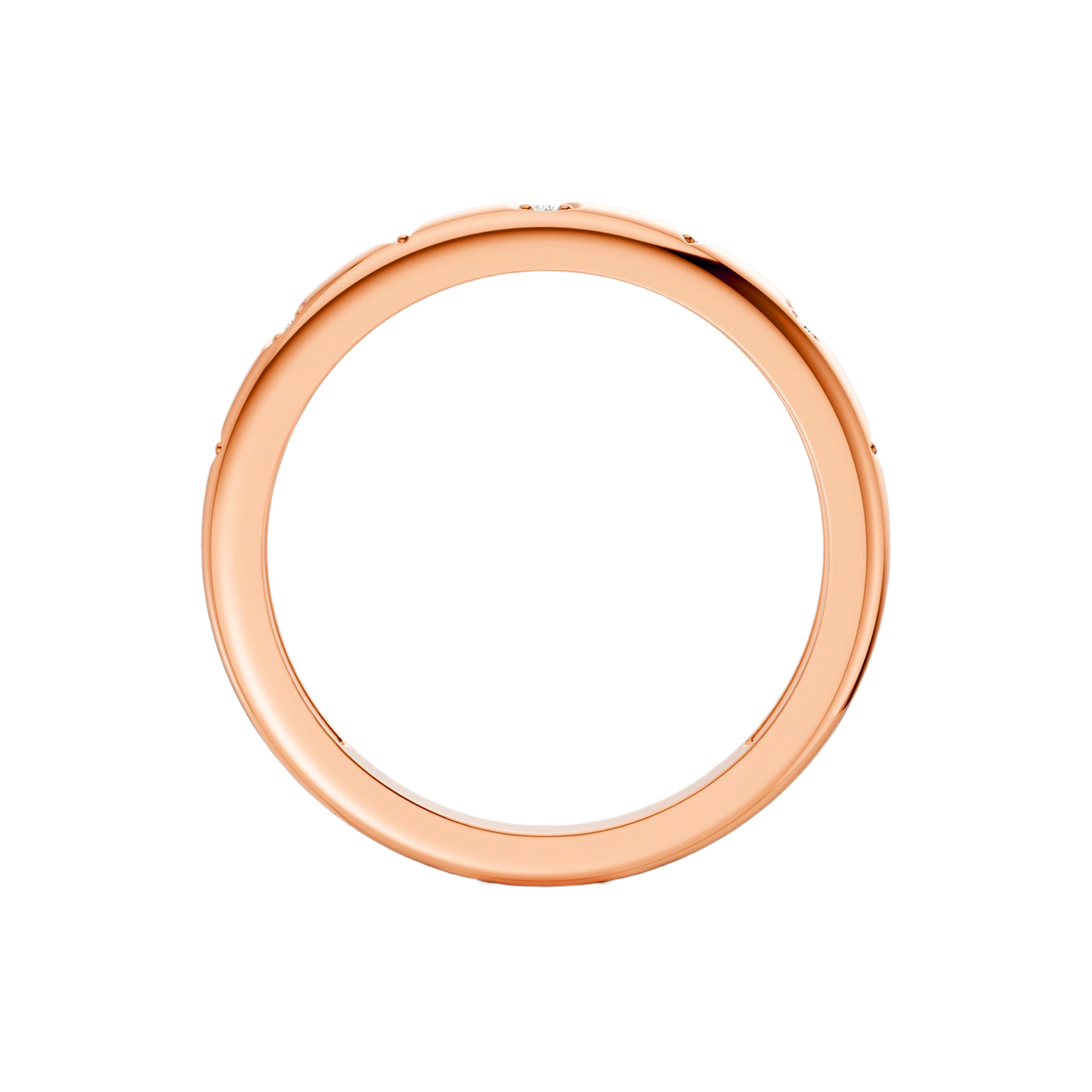 Interior back view of the Fourteenth Collection multi-shape studded diamond stackable ring crafted in rose gold, showcasing a smooth polished band with subtle diamond accents along the outer edge.