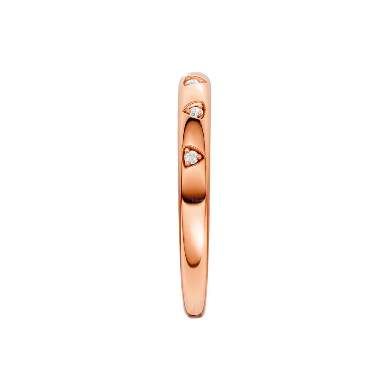 Side profile of the Fourteenth Collection rose gold multi-shape studded diamond stackable ring, highlighting bezel-set round diamonds embedded into a sleek, sculpted rose gold band.
