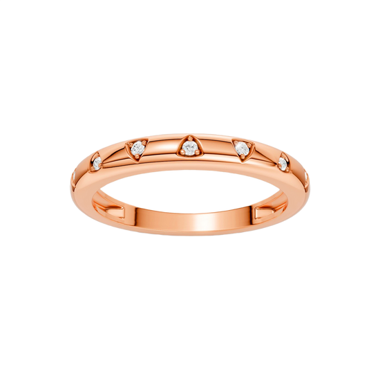 Front facing view of the Fourteenth Collection multi-shape studded diamond stackable ring in rose gold, featuring geometric bezel-set diamonds arranged across a clean, stackable silhouette.