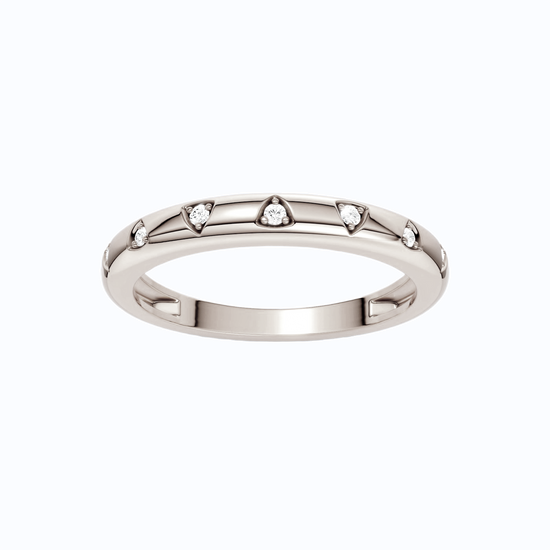 A bold, high-polish 14k white gold statement ring by Amorati featuring scattered star and geometric insets with shimmering round-grown diamonds. Amorati’s signature F O U R T E E N T H Collection.