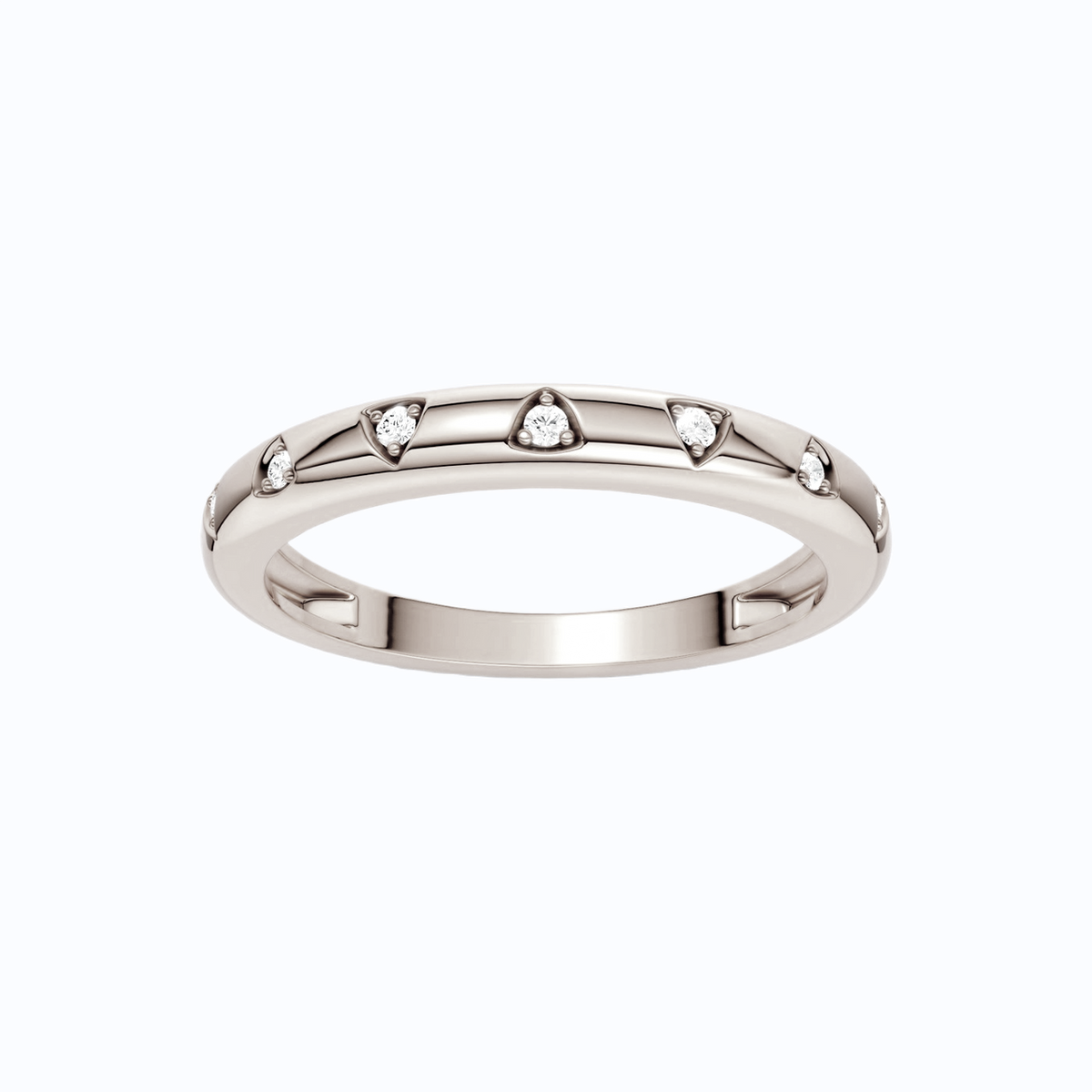 A bold, high-polish 14k white gold statement ring by Amorati featuring scattered star and geometric insets with shimmering round-grown diamonds. Amorati’s signature F O U R T E E N T H Collection.