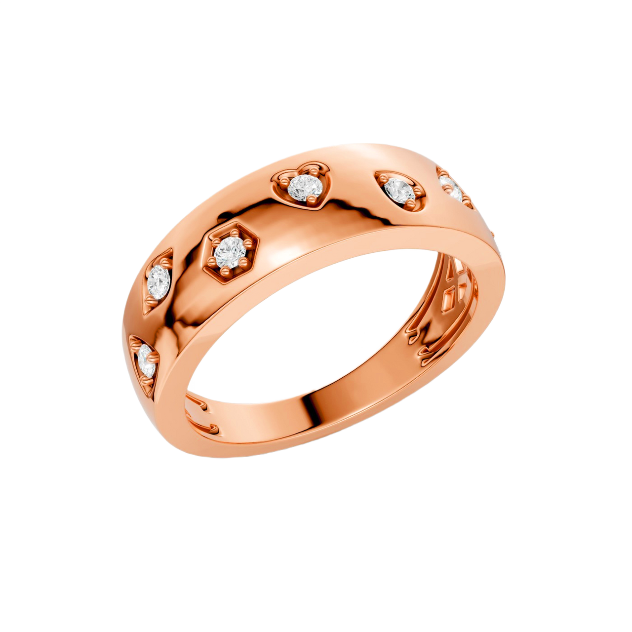 Angled studio view of a 14K rose gold multi shape studded diamond statement ring with round lab grown diamonds