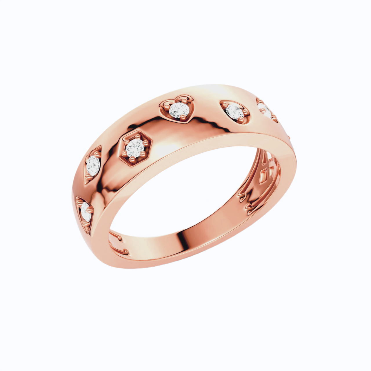 Amorati Diamond Multi Shape Studded Diamond Statement Ring in 14K rose gold features a series of shapes such as a heart, pear, diamond inset with round lab grown diamonds, shown on a clean white background.