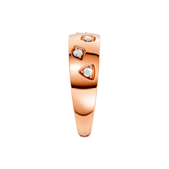 Side profile of a wide 14K rose gold multi shape studded diamond statement ring