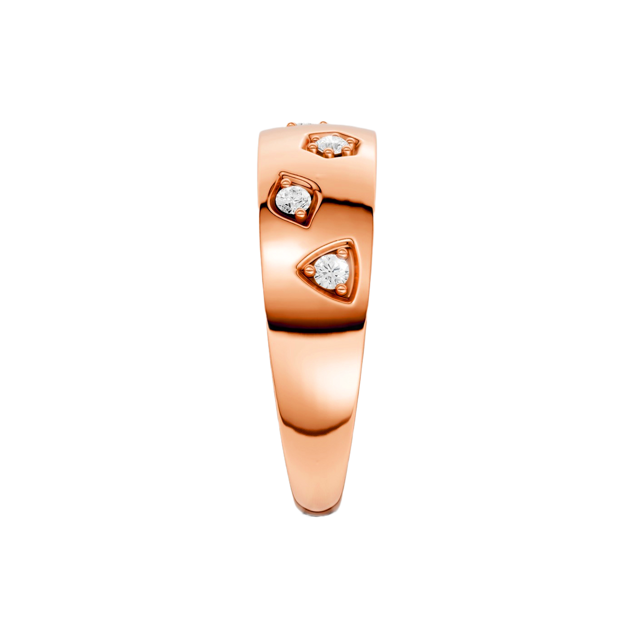 Side profile of a wide 14K rose gold multi shape studded diamond statement ring