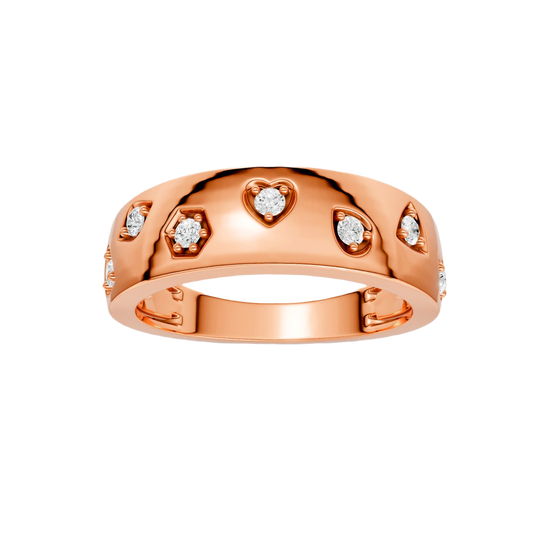 Top view of a bold 14K rose gold statement ring featuring round lab grown diamonds set in mixed geometric and heart shaped bezels