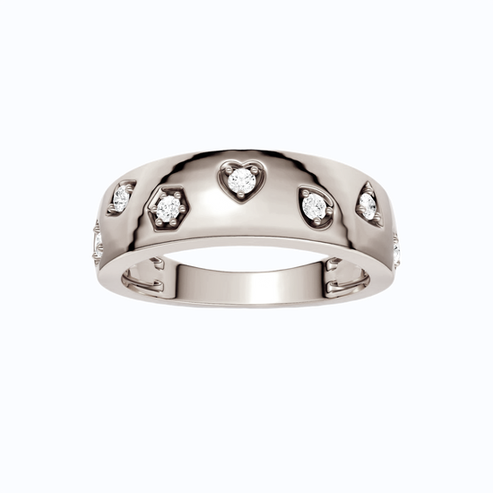 Amorati Diamond Multi Shape Studded Diamond Statement Ring in 14K white gold features a series of shapes such as a heart, pear, diamond inset with round lab grown diamonds, shown on a clean white background.