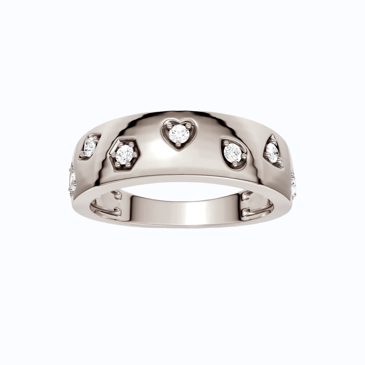 Amorati Diamond Multi Shape Studded Diamond Statement Ring in 14K white gold features a series of shapes such as a heart, pear, diamond inset with round lab grown diamonds, shown on a clean white background.