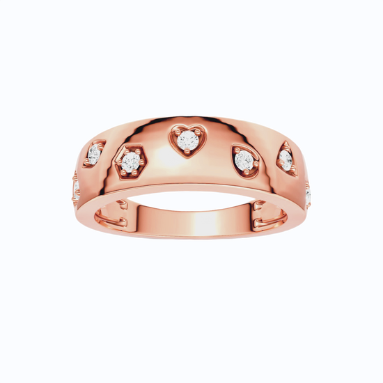 Amorati Diamond Multi Shape Studded Diamond Statement Ring in 14K rose gold features a series of shapes such as a heart, pear, diamond inset with round lab grown diamonds, shown on a clean white background.