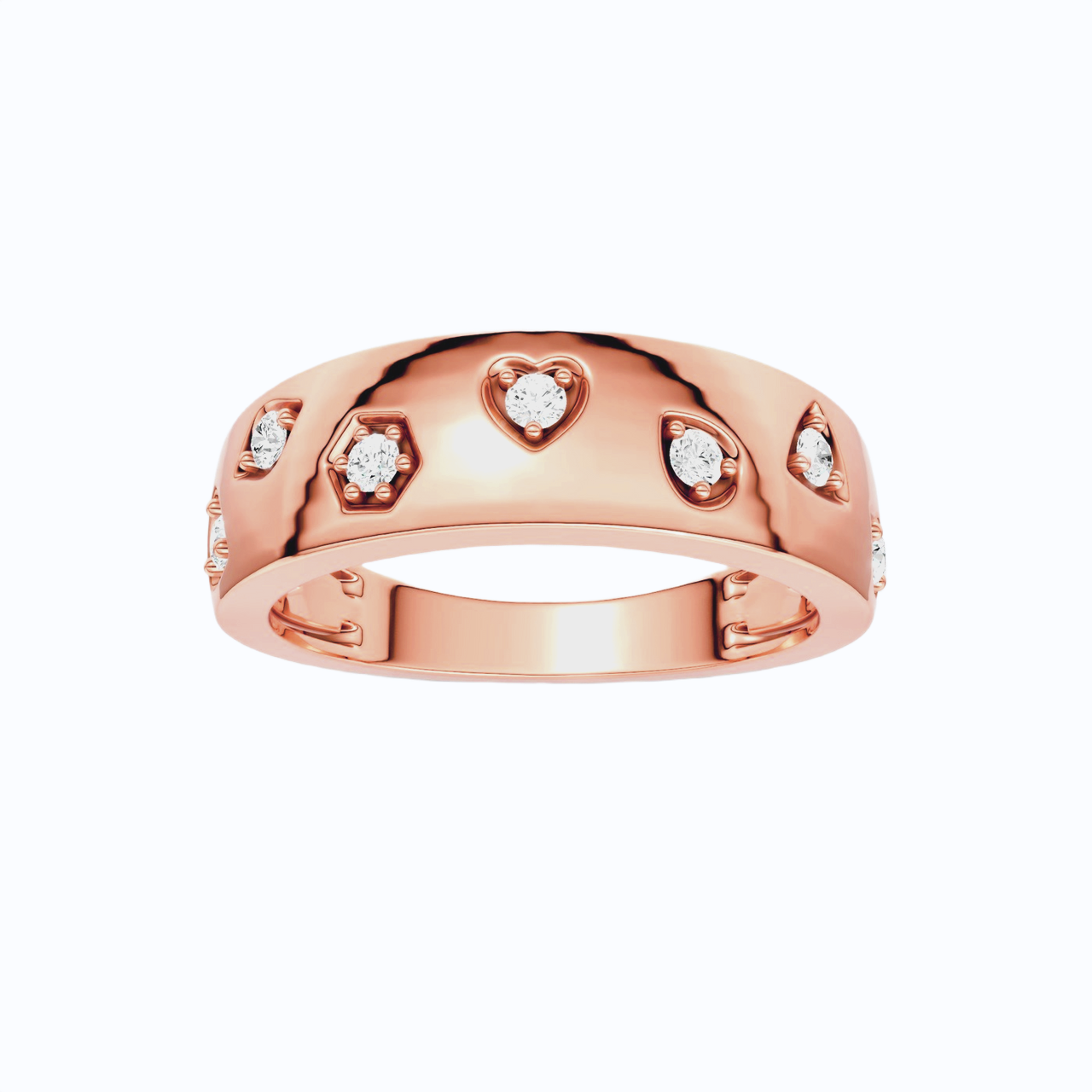 Amorati Diamond Multi Shape Studded Diamond Statement Ring in 14K rose gold features a series of shapes such as a heart, pear, diamond inset with round lab grown diamonds, shown on a clean white background.