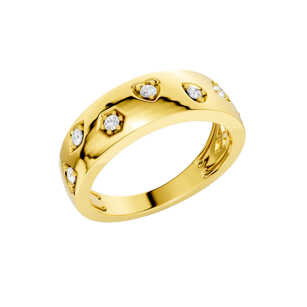 A bold, high-polish 14k yellow gold statement ring from the Amorati Fourteen Collection, featuring scattered star and geometric insets with shimmering round lab-grown diamonds.