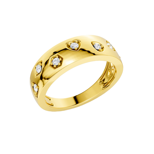 A bold, high-polish 14k yellow gold statement ring from the Amorati Fourteen Collection, featuring scattered star and geometric insets with shimmering round lab-grown diamonds.