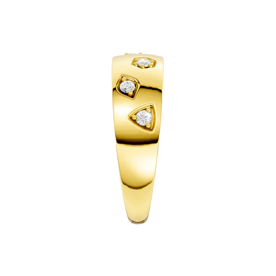 A bold, high-polish 14k yellow gold statement ring from the Amorati Fourteen Collection, featuring scattered star and geometric insets with shimmering round lab-grown diamonds.
