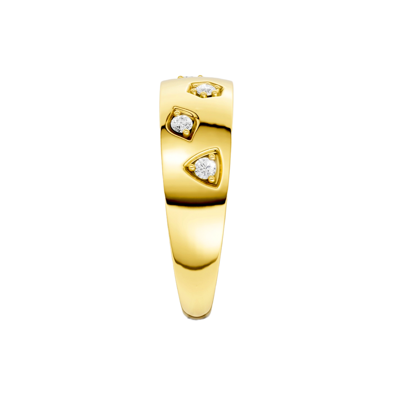 A bold, high-polish 14k yellow gold statement ring from the Amorati Fourteen Collection, featuring scattered star and geometric insets with shimmering round lab-grown diamonds.