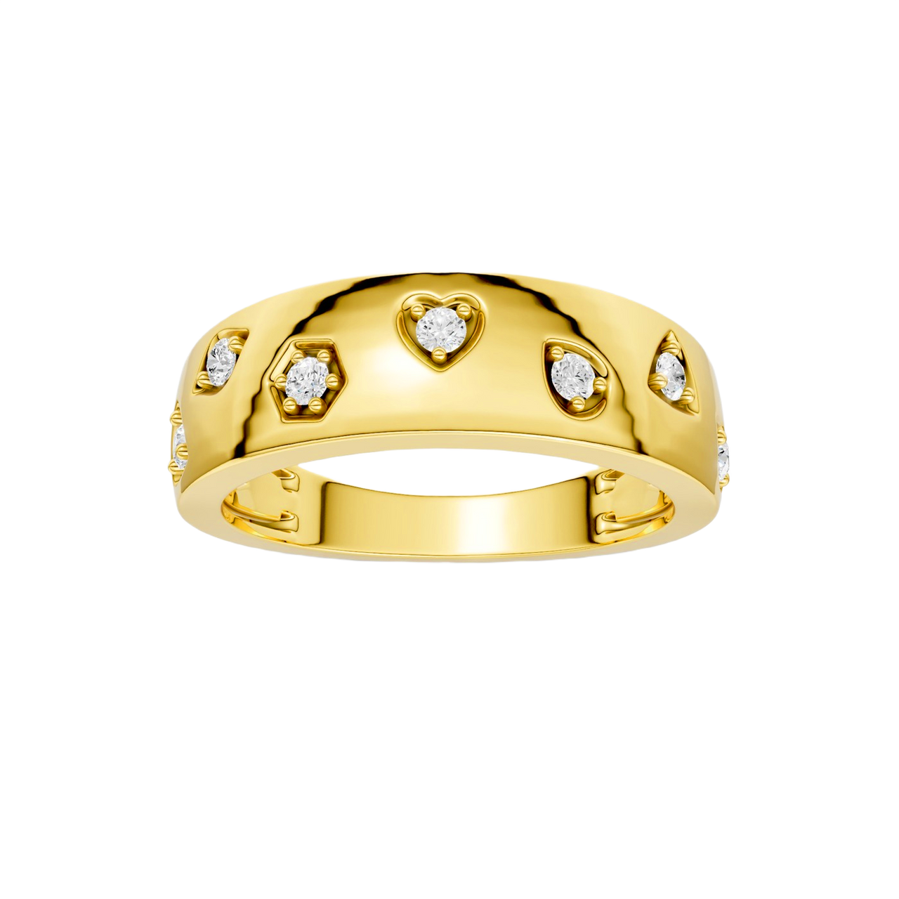 A bold, high-polish 14k yellow gold statement ring from the Amorati Fourteen Collection, featuring scattered star and geometric insets with shimmering round lab-grown diamonds.
