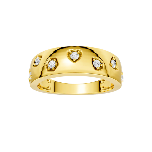 A bold, high-polish 14k yellow gold statement ring from the Amorati Fourteen Collection, featuring scattered star and geometric insets with shimmering round lab-grown diamonds.