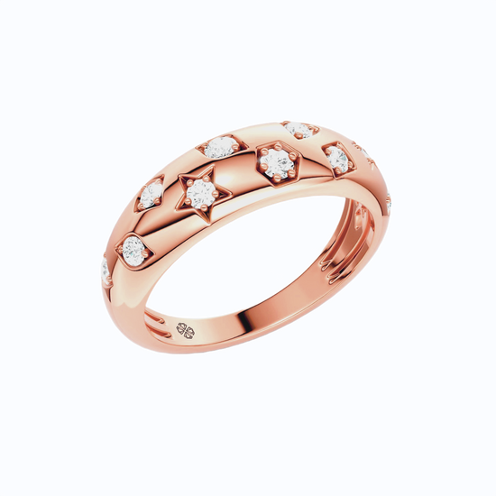 Amorati Diamonds Star Studded Diamond Ring in 14K rose gold is a band featuring a geometric pattern of star, hexagon, and other shapes each inset with a small round-cut lab grown diamond, shown on a plain white background.