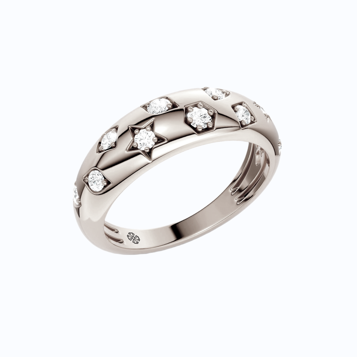 Amorati Diamonds Star Studded Diamond Ring in 14K white gold is a band featuring a geometric pattern of star, hexagon, and other shapes each inset with a small round-cut lab grown diamond, shown on a plain white background.