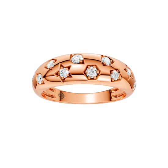 Front facing view of the Fourteenth Collection star studded diamond ring in rose gold, featuring alternating star-shaped and geometric bezel-set diamonds arranged across a bold statement silhouette.