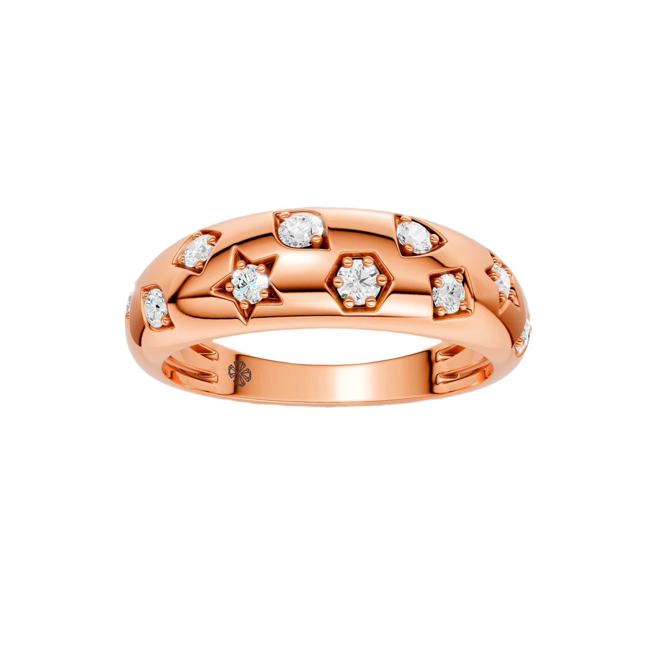 Front facing view of the Fourteenth Collection star studded diamond ring in rose gold, featuring alternating star-shaped and geometric bezel-set diamonds arranged across a bold statement silhouette.