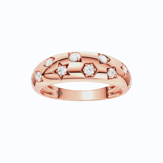 Amorati Diamonds Star Studded Diamond Ring in 14K rose gold is a band featuring a geometric pattern of star and hexagon motifs, each accented with a small round-cut lab grown diamond, shown on a plain white background.