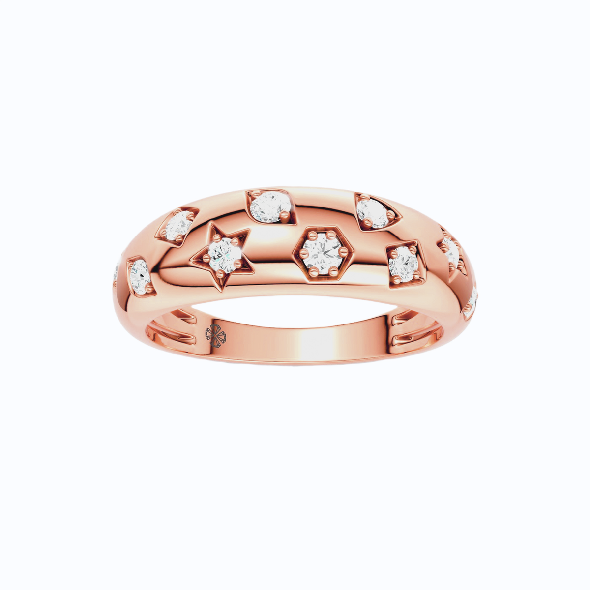 Amorati Diamonds Star Studded Diamond Ring in 14K rose gold is a band featuring a geometric pattern of star and hexagon motifs, each accented with a small round-cut lab grown diamond, shown on a plain white background.
