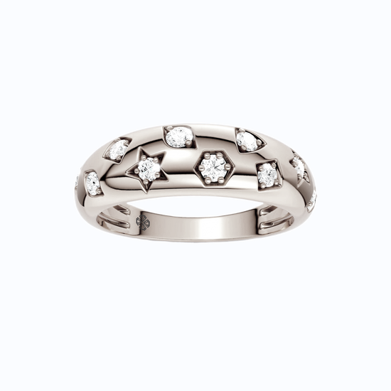 A thick, high-polish 14k white gold wide statement band from the Amorati Fourteen Collection, featuring scattered star insets and shimmering round lab-grown diamonds.