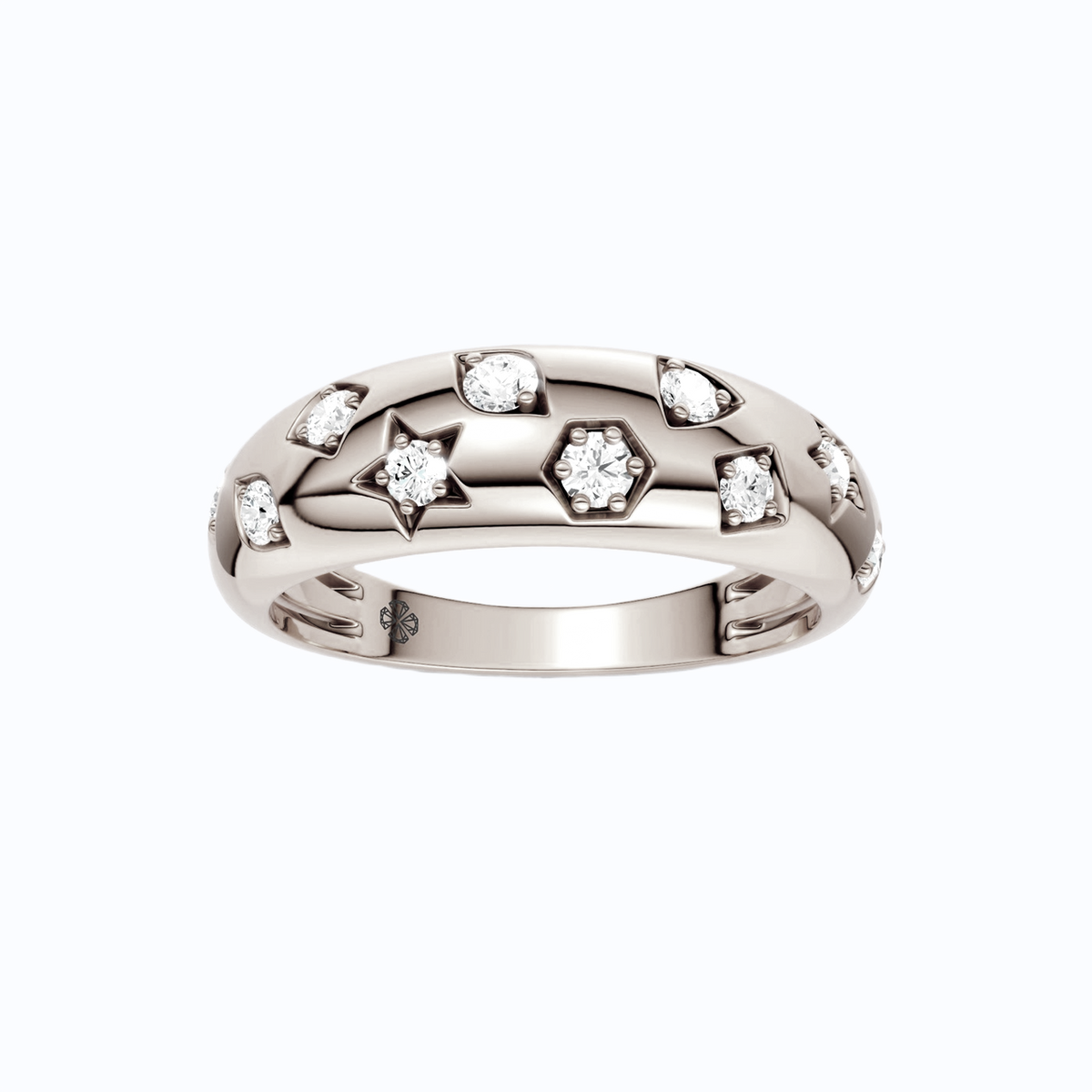 A thick, high-polish 14k white gold wide statement band from the Amorati Fourteen Collection, featuring scattered star insets and shimmering round lab-grown diamonds.