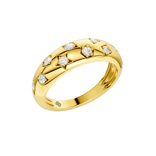 A thick, high-polish 14k yellow gold wide statement band from the Amorati Fourteen Collection, featuring scattered star insets and shimmering round lab-grown diamonds.
