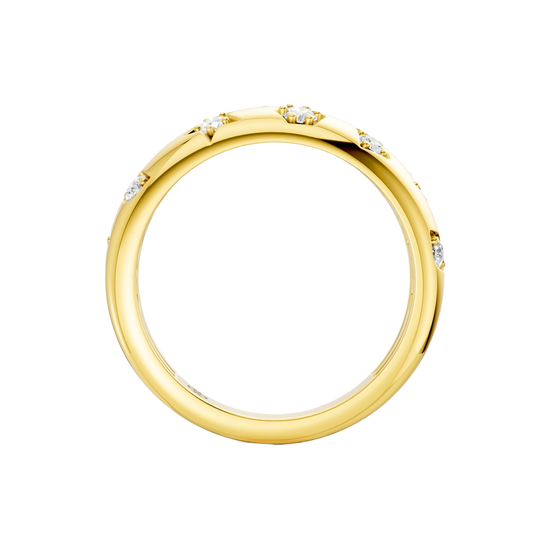 A thick, high-polish 14k yellow gold wide statement band from the Amorati Fourteen Collection, featuring scattered star insets and shimmering round lab-grown diamonds.