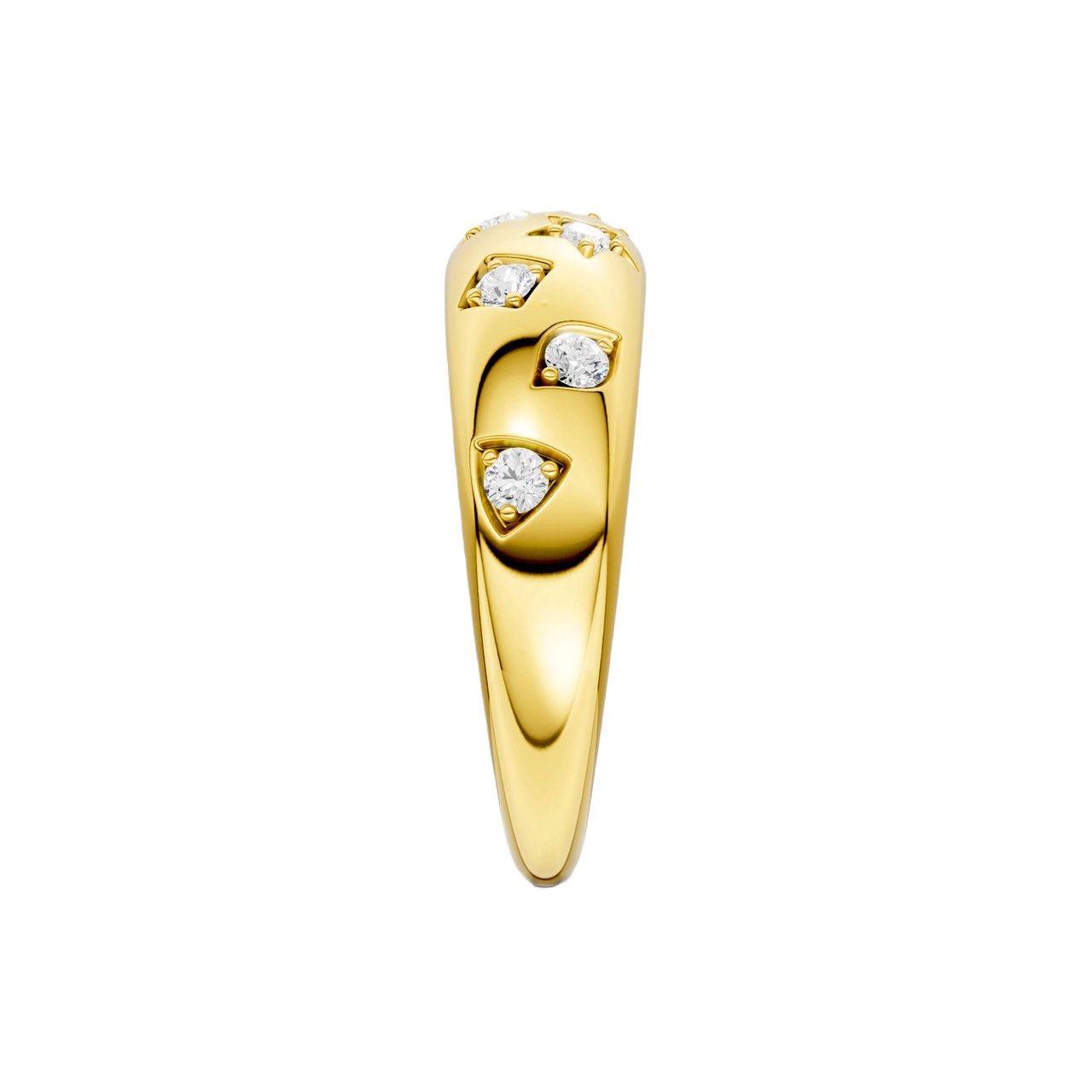 A thick, high-polish 14k yellow gold wide statement band from the Amorati Fourteen Collection, featuring scattered star insets and shimmering round lab-grown diamonds.