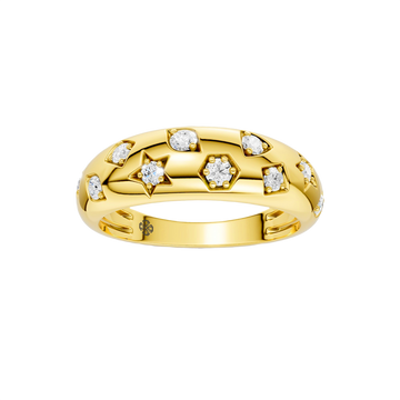 A thick, high-polish 14k yellow gold wide statement band from the Amorati Fourteen Collection, featuring scattered star insets and shimmering round lab-grown diamonds.