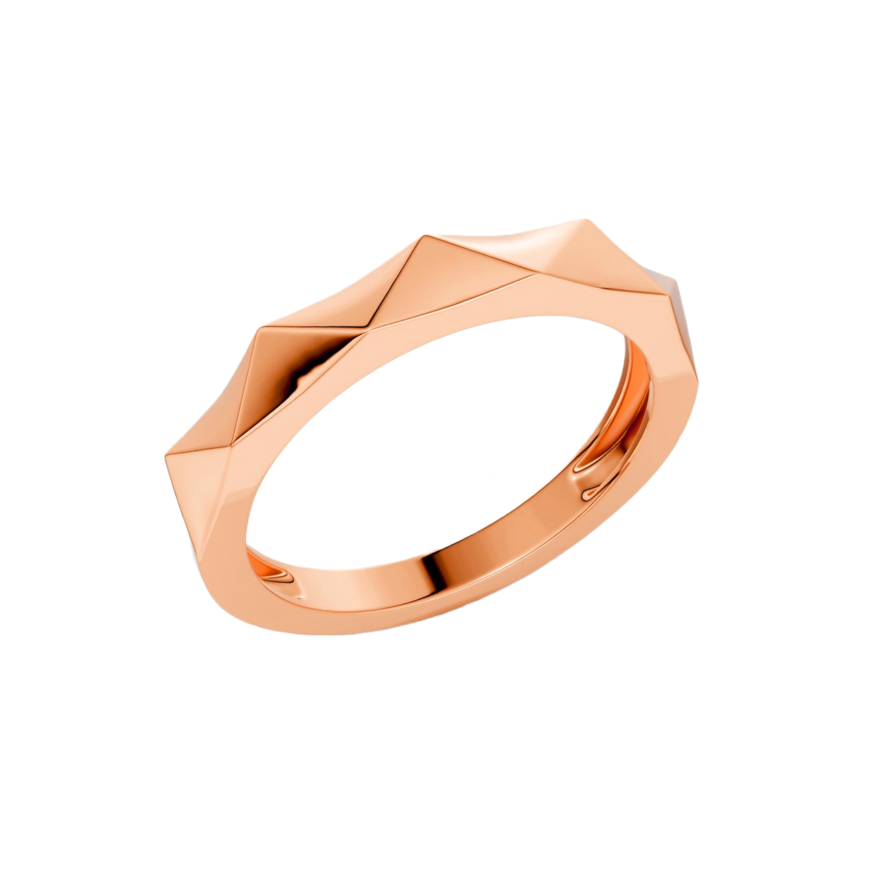 A high-polish 14k rose gold geometric stackable ring by Amorati, featuring a unique multi-angled design. Amorati’s signature F O U R T E E N T H Collection