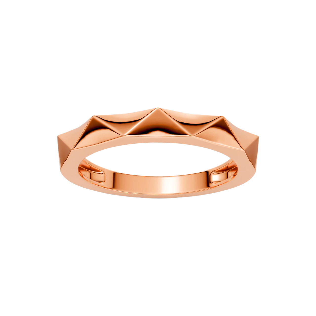 A high-polish 14k rose gold geometric stackable ring by Amorati, featuring a unique multi-angled design. Amorati’s signature F O U R T E E N T H Collection
