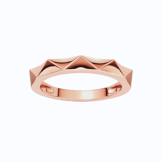 Amorati Diamonds 14K Geometric Stackable Ring in rose gold is layed, faceted, angular top design, shown on a plain white background.