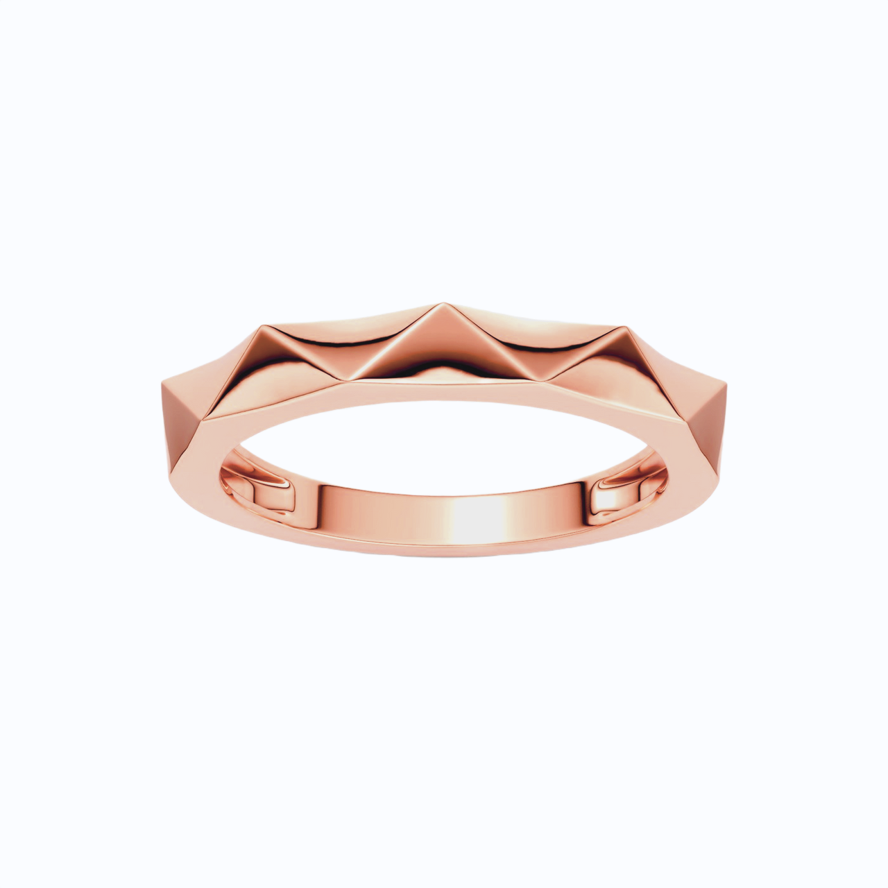 Amorati Diamonds 14K Geometric Stackable Ring in rose gold is layed, faceted, angular top design, shown on a plain white background.