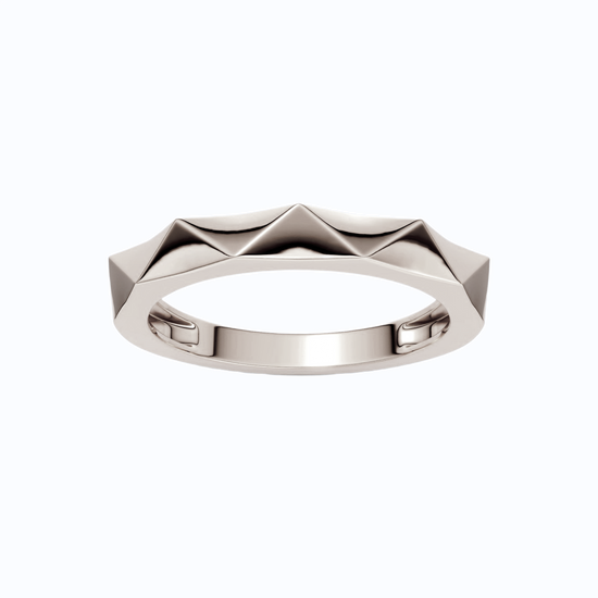 A high-polish 14k white gold geometric stackable ring by Amorati, featuring a unique multi-angled design. Amorati’s signature F O U R T E E N T H Collection