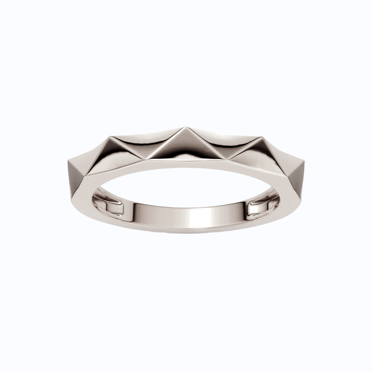 A high-polish 14k white gold geometric stackable ring by Amorati, featuring a unique multi-angled design. Amorati’s signature F O U R T E E N T H Collection