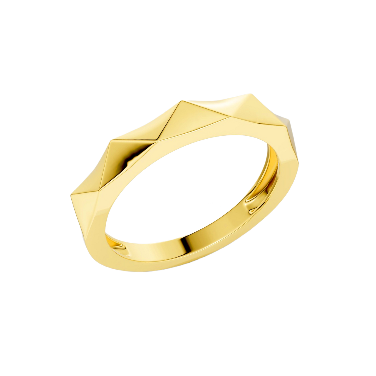 A high-polish 14k yellow gold geometric stackable ring by Amorati, featuring a unique multi-angled design. Amorati’s signature F O U R T E E N T H Collection