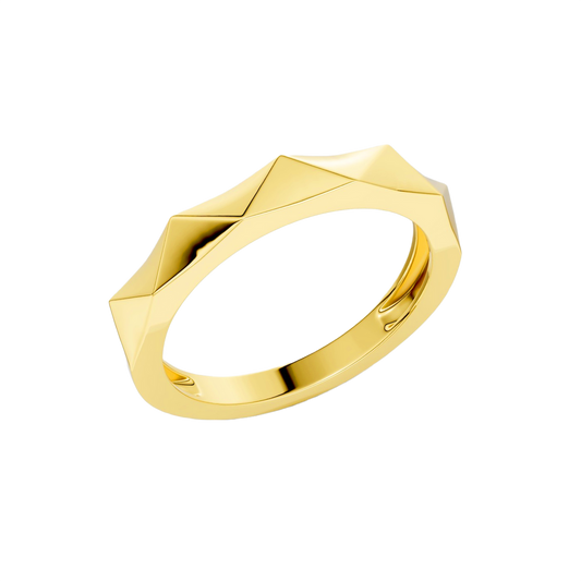 A high-polish 14k yellow gold geometric stackable ring by Amorati, featuring a unique multi-angled design. Amorati’s signature F O U R T E E N T H Collection