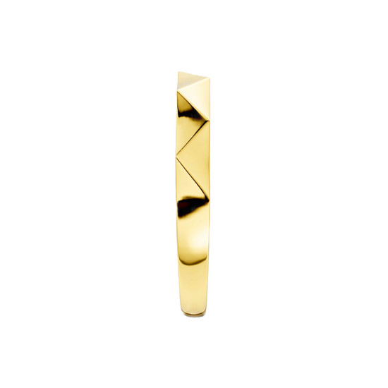 A high-polish 14k yellow gold geometric stackable ring by Amorati, featuring a unique multi-angled design. Amorati’s signature F O U R T E E N T H Collection